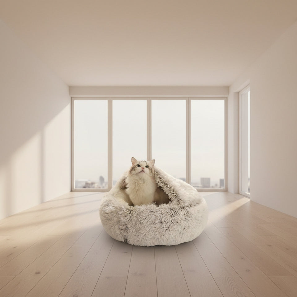 Ultra soft 2-in-1 calming donut dog and cat bed in neutral plush fabric