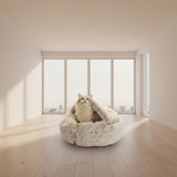 Ultra soft 2-in-1 calming donut dog and cat bed in neutral plush fabric