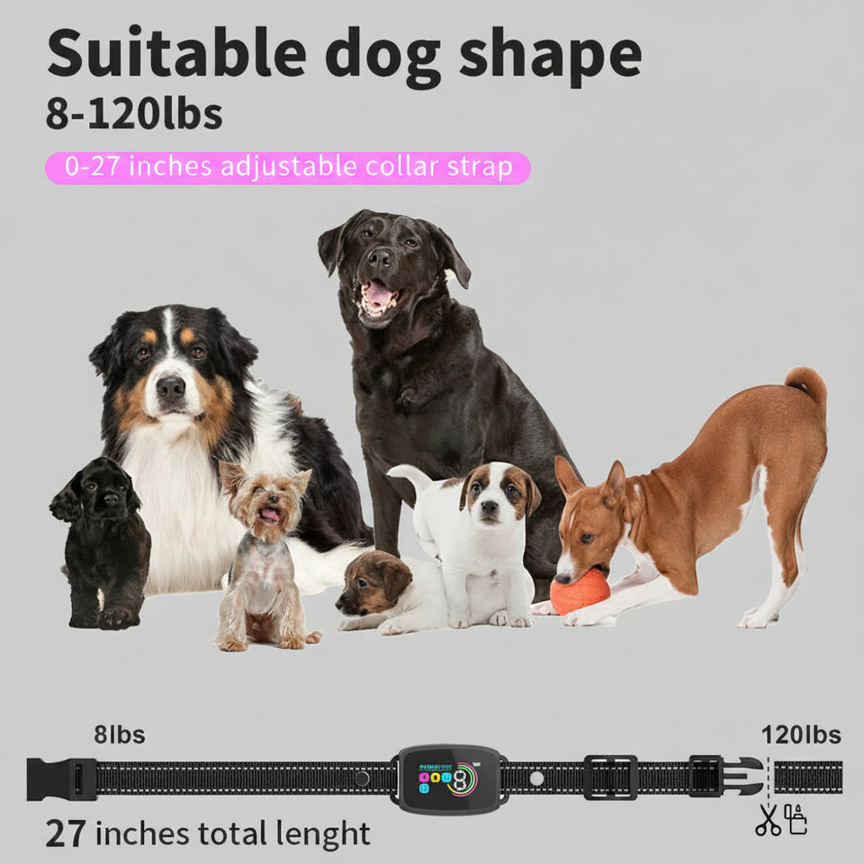 Size guide showing the adjustable strap fitting small, medium, and large dogs from 8 to 120 lbs