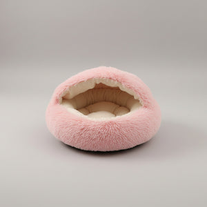  Ultra soft 2-in-1 calming donut dog and cat bed in neutral plush fabric