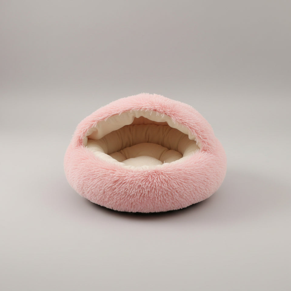  Ultra soft 2-in-1 calming donut dog and cat bed in neutral plush fabric