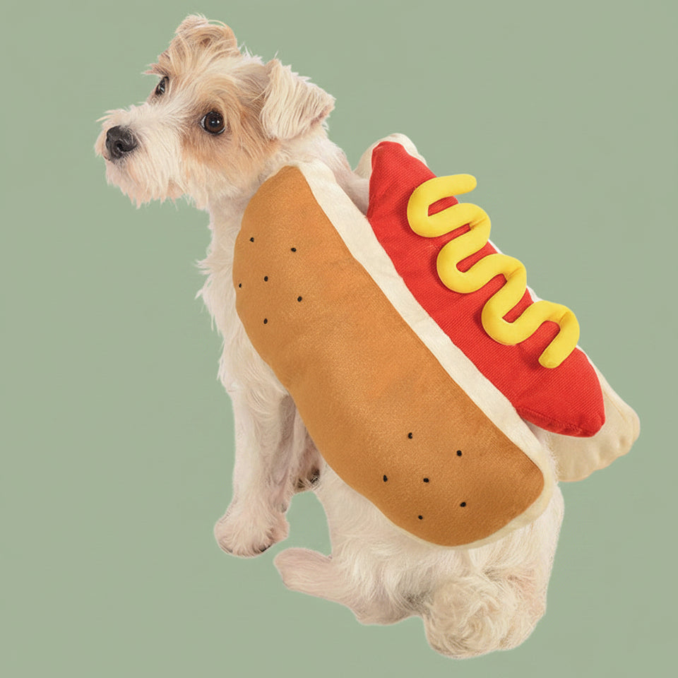 Cute puppy dressed up in a comfortable hot dog Halloween outfit
