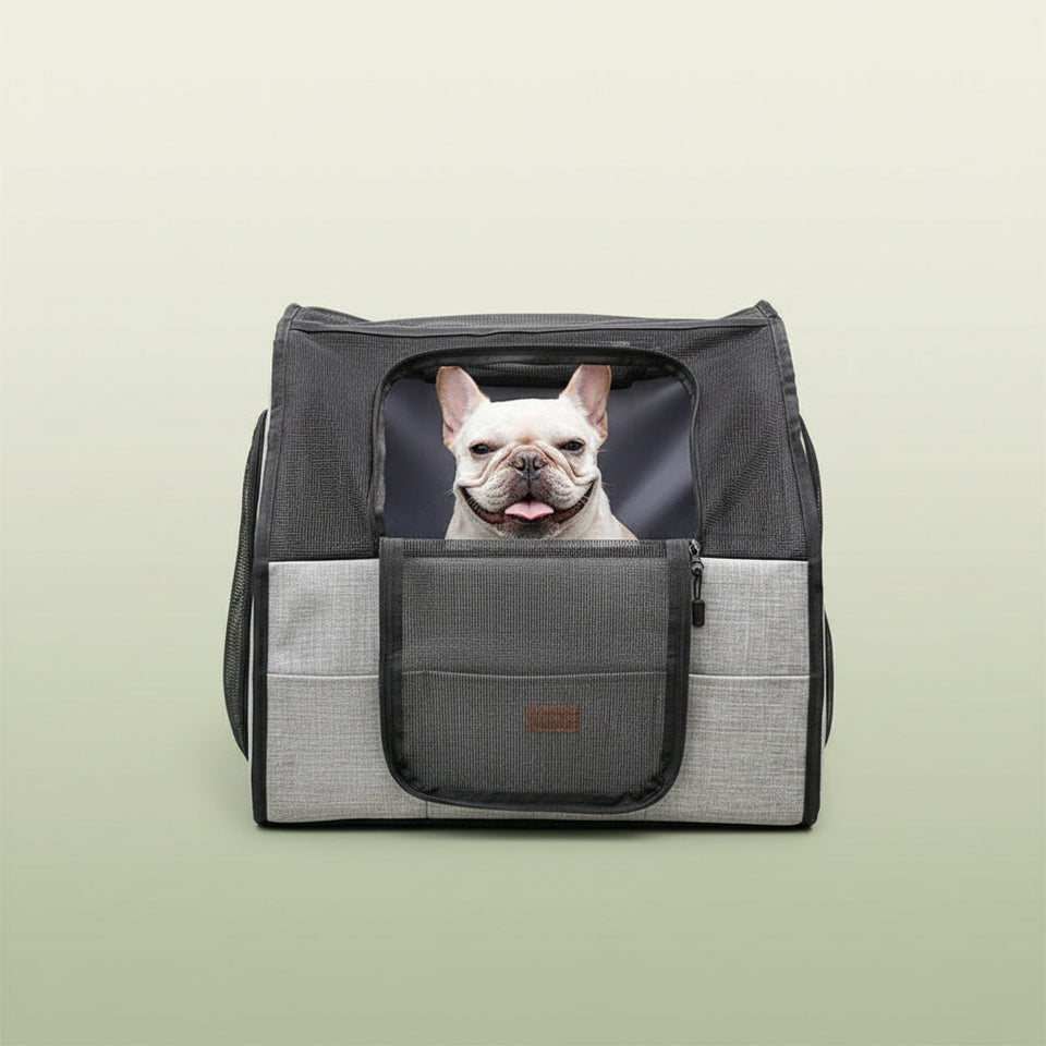 Close-up of the safety belt harness attachment inside the foldable dog car seat.