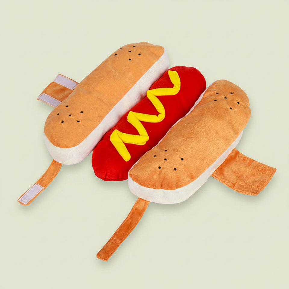 Close-up of adjustable hook-and-loop belly strap on hot dog dog costume
