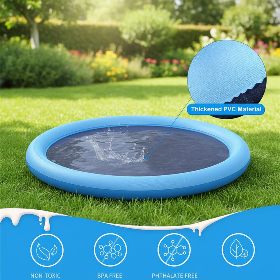 Large golden retriever cooling off in the center of an outdoor sprinkler splash pad