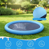 Large golden retriever cooling off in the center of an outdoor sprinkler splash pad