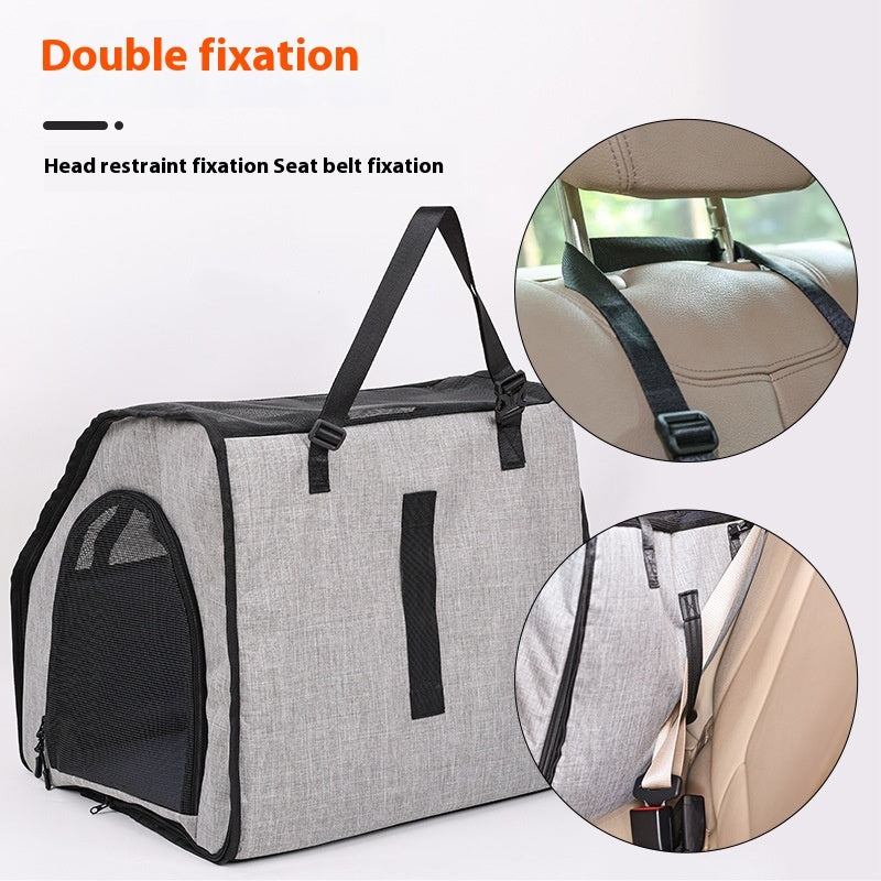 Pet carrier with seat belt and head restraint fixation system on a white background