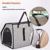 Pet carrier with seat belt and head restraint fixation system on a white background