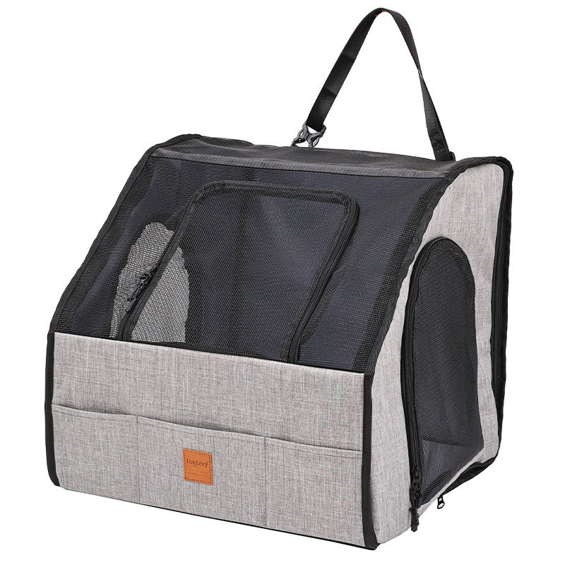 Gray pet carrier with mesh sides on a white background
