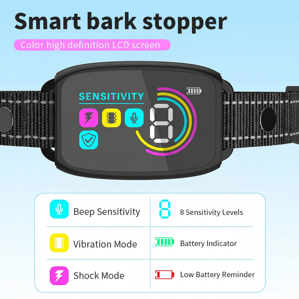 Close-up of the HD color screen showing battery levels and training modes on the humane bark collar.