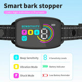 Close-up of the HD color screen showing battery levels and training modes on the humane bark collar.