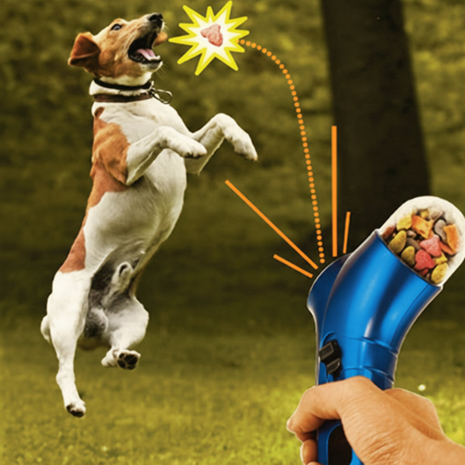 Interactive pet treat launcher gun for dogs and cats