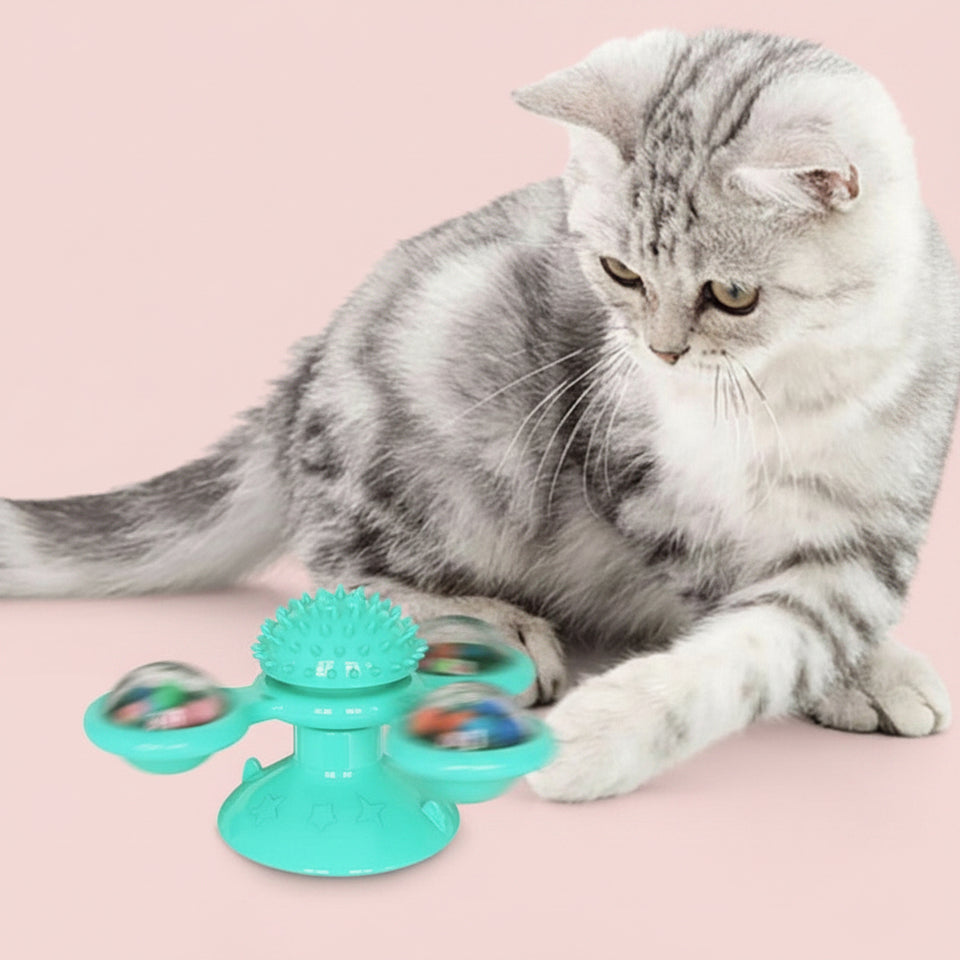 "Interactive windmill cat toy with dual pods containing catnip for indoor play."