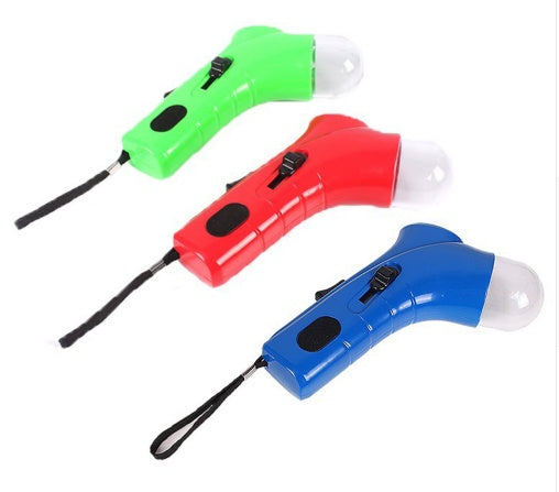 Three colorful flashlights in green, red, and blue on a white background