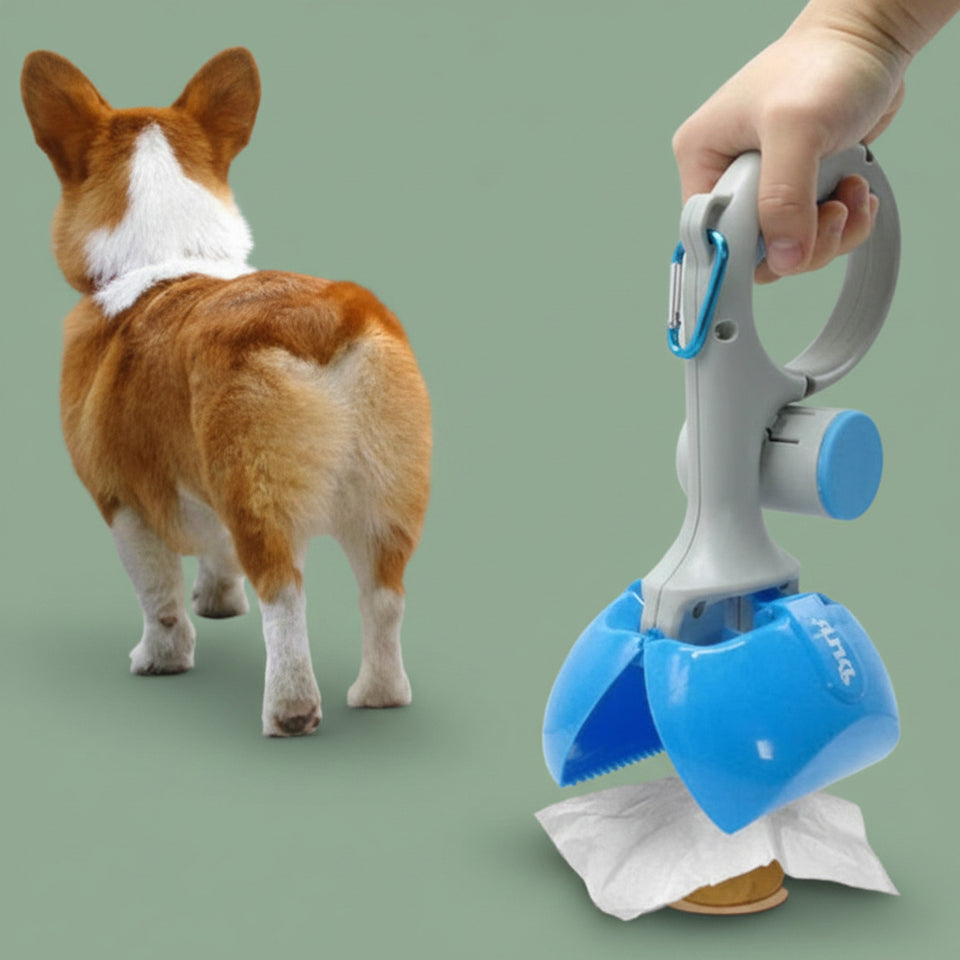 Red portable dog pooper scooper attached to a leash for easy walking