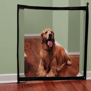 Black portable mesh dog gate installed in a wide living room doorway