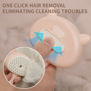 Cat grooming brush with a fluffy white cat on a light blue background