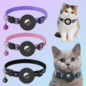 Black reflective AirTag dog collar fastened on a small dog outdoors