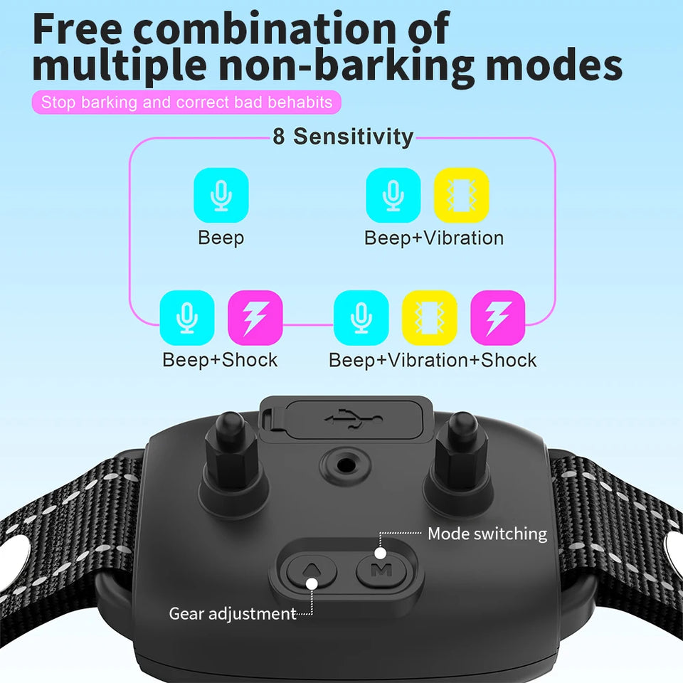 Dog training collar with mode switching and sensitivity options on a light blue background