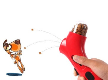 Red and black toy gun with a cartoon character on a white background