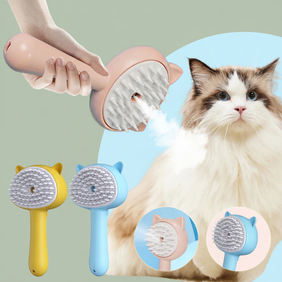 3-in-1 steamy cat brush removing loose fur from a groomed cat