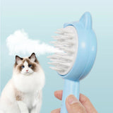 Cat grooming brush with a fluffy white cat on a light blue background