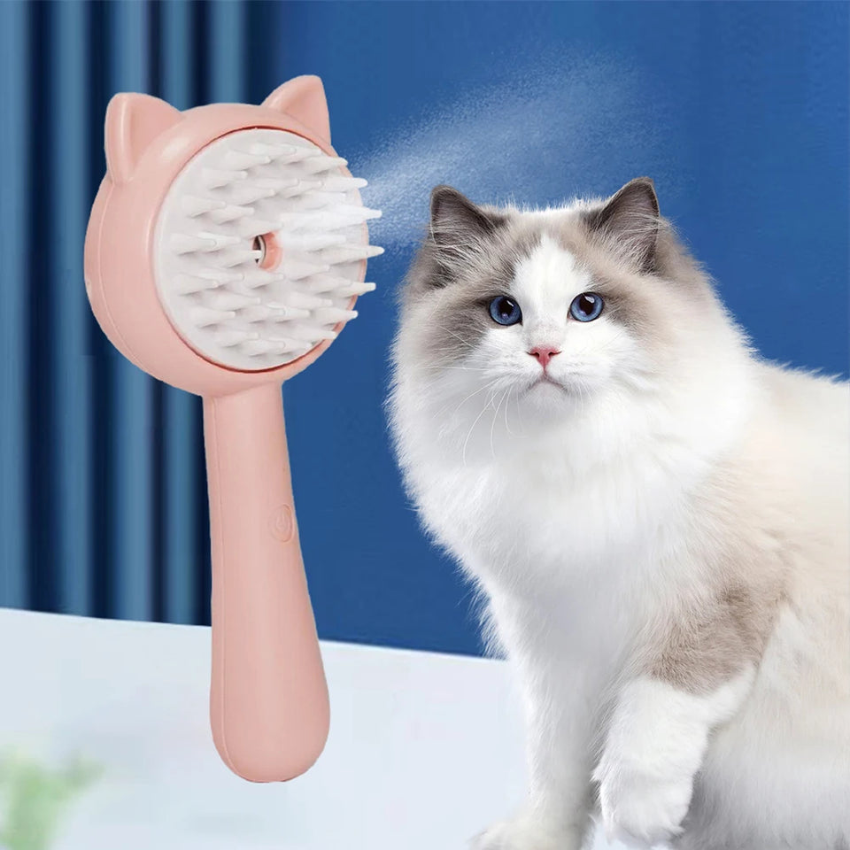 Three colors of the multi-functional steamy cat brush in yellow, blue, and pink