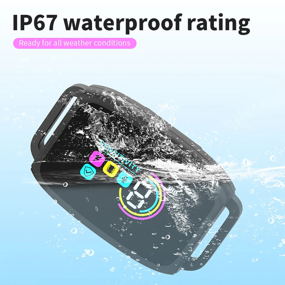 Phone case with water splashes and IP67 waterproof rating text on a light blue background